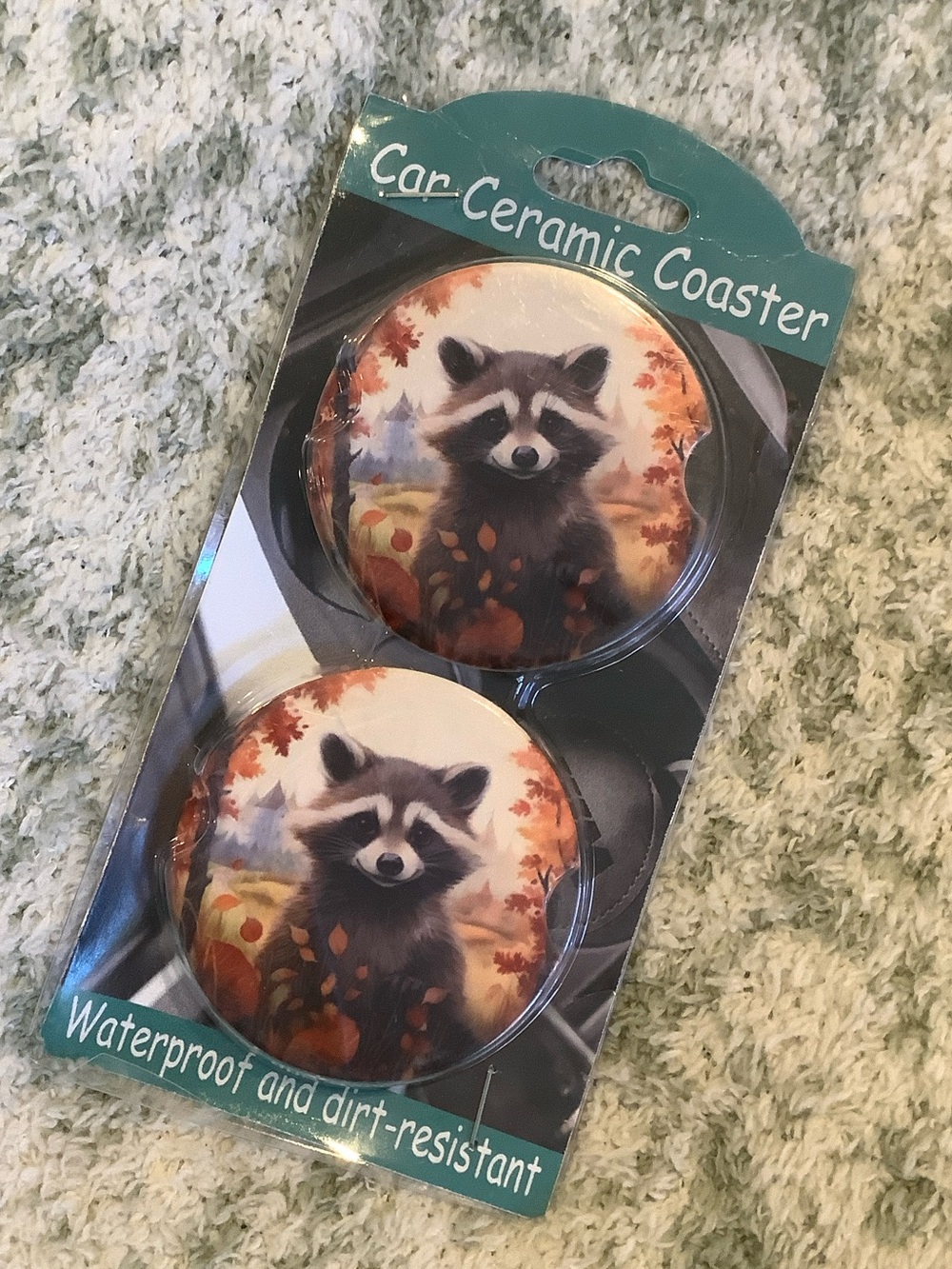 Raccoon Ceramic Car Coaster Set of Two, NWT waterproof 2.75”